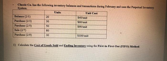 Solved Classic Co. has the following inventory balances and | Chegg.com