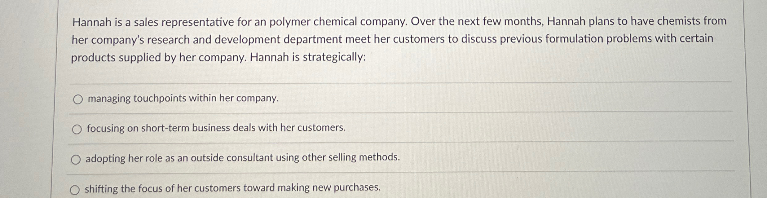Solved Hannah is a sales representative for an polymer | Chegg.com