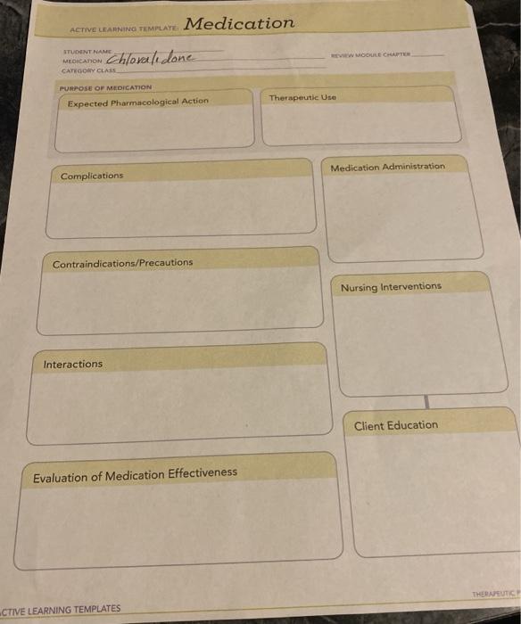 Medication ACTIVE LEARNING TEMPLATE W MOORE CHAPTER STUDENT NAME MEDICANON CATEGORY CLASS chloralidone PURPOSE OF MEDICATION