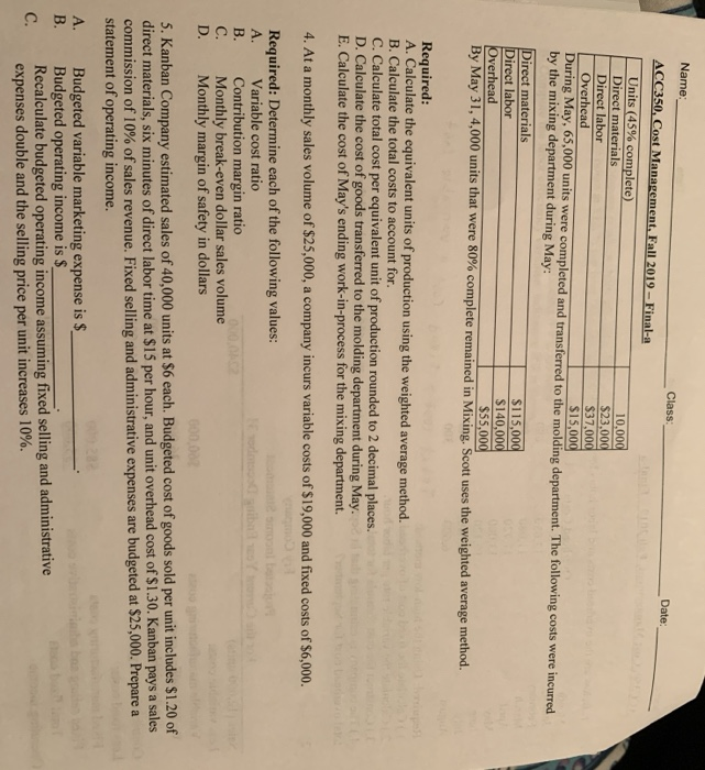 Name Class Date ACC350, Cost Management, Fall 2019