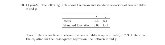 Solved 10. (4 points) The following table shows the mean and | Chegg.com