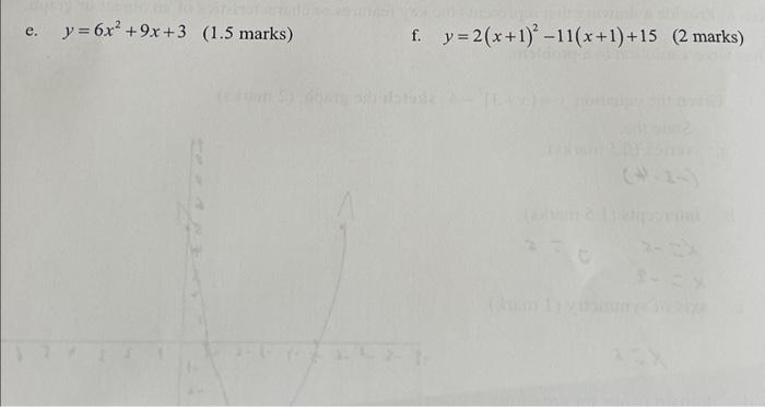 \( y=6 x^{2}+9 x+3 \) (1.5 marks) f. \( y=2(x+1)^{2}-11(x+1)+15 \)