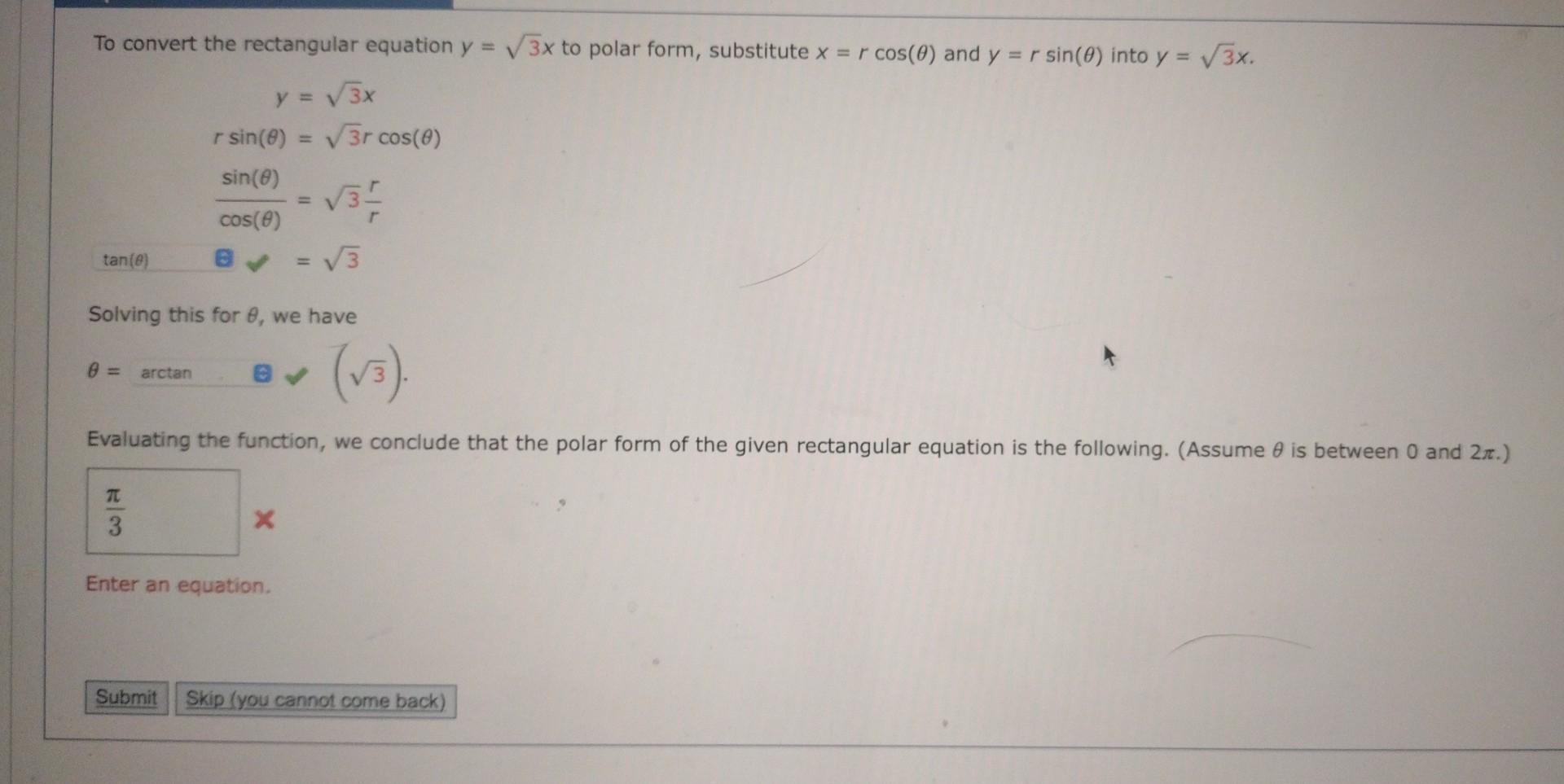 y=sqrt(3)x in polar form