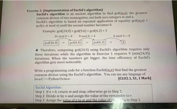 Solved Exercise 2: (Implementation Of Euclid's Algorithm) | Chegg.com