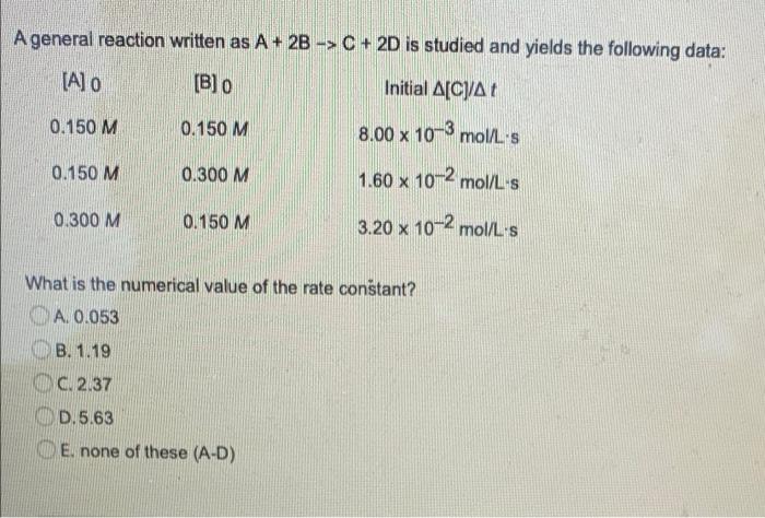 Solved A general reaction written as A + 2B -> C+ 2D is | Chegg.com
