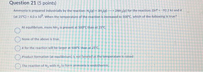 Solved Ammonia is prepared industrially by the reaction: N2( | Chegg.com