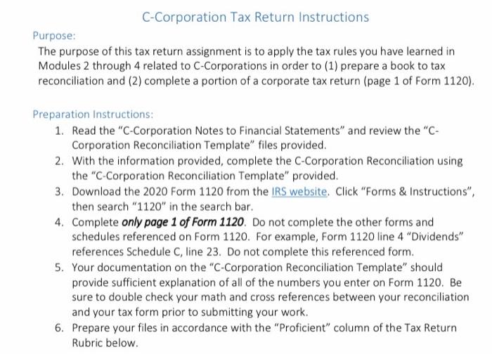 Prepare only page one of form 1120 and explanation of | Chegg.com