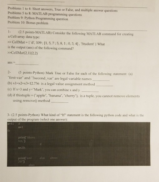 Solved Problems 1 to 4: Short answers, True or False, and | Chegg.com