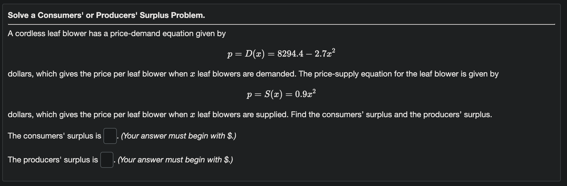 Consumer Problem Math Solved Problem 13 Solve a Consumers' or Producers' Surplus | Chegg.com