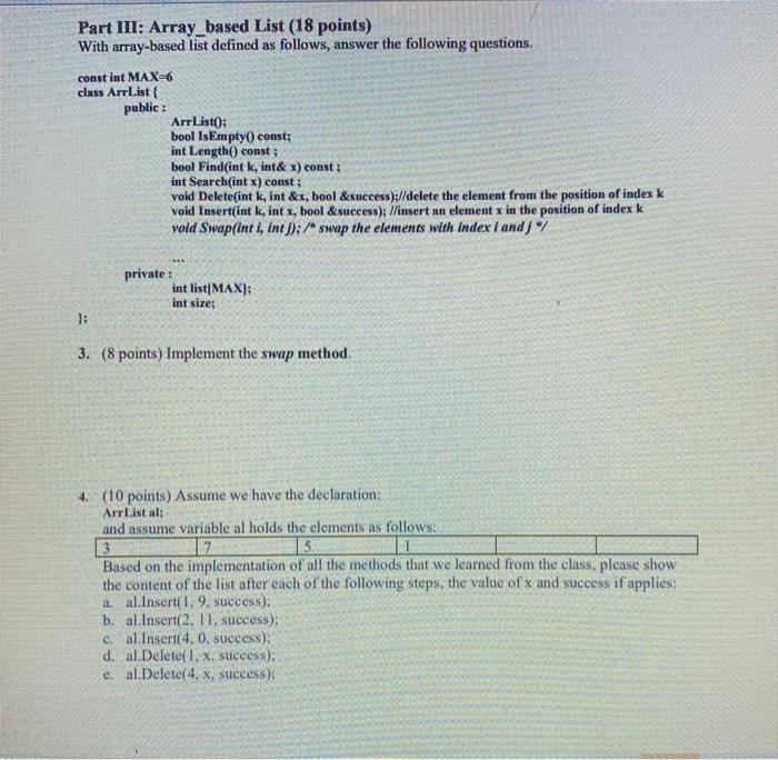 Solved Part III: Array_based List (18 points) With | Chegg.com