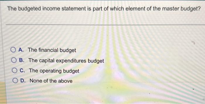 Solved The Budgeted Income Statement Is Part Of Which 4828