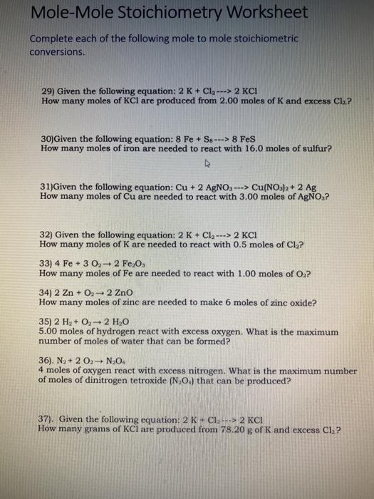 Solved MoleMole Stoichiometry Worksheet Complete each of