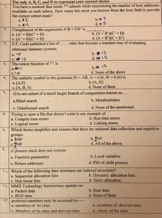 Solved Use Only A, B, C, And D To Represent Your Correct | Chegg.com