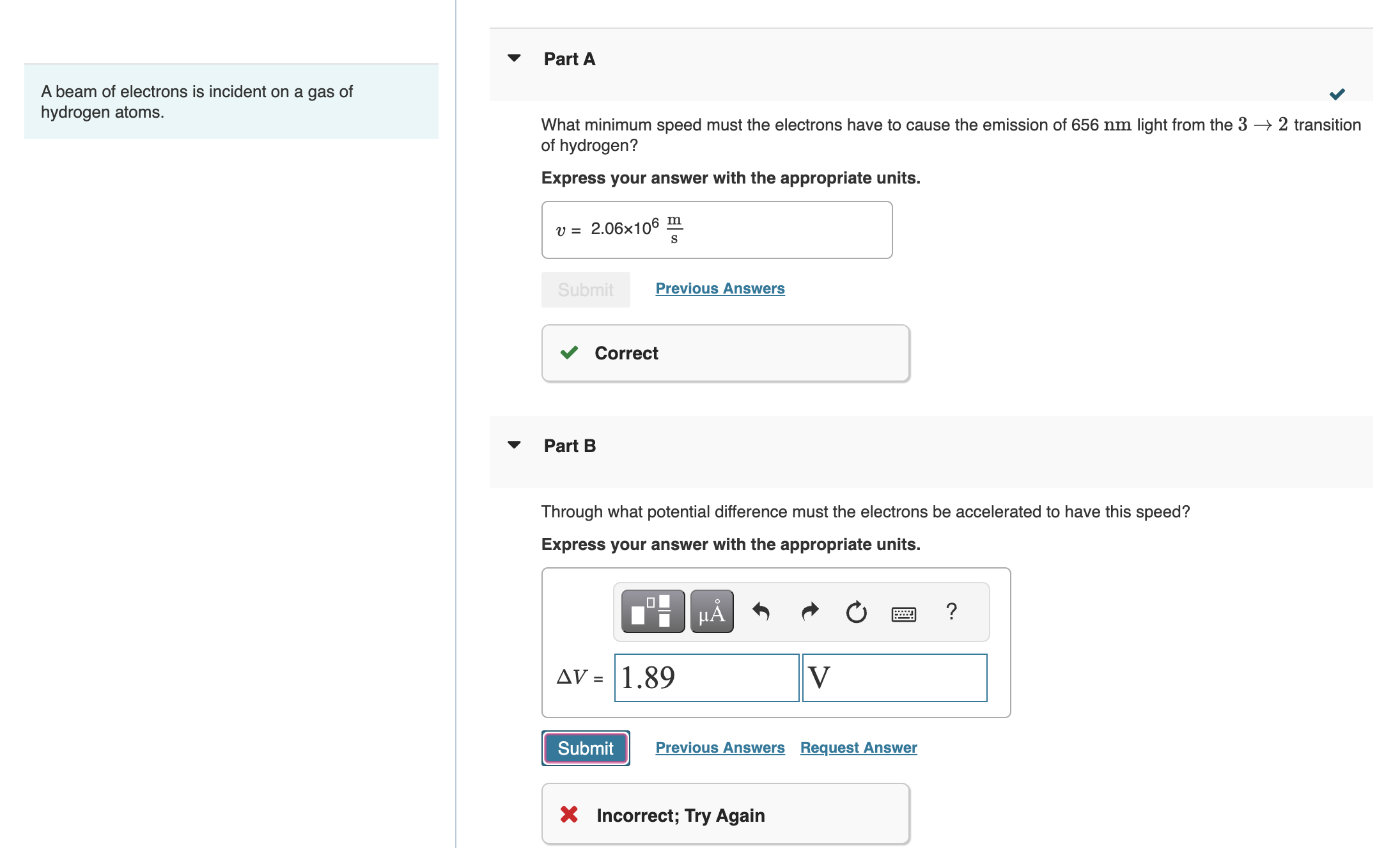 Solved Part AA beam of electrons is incident on a gas | Chegg.com
