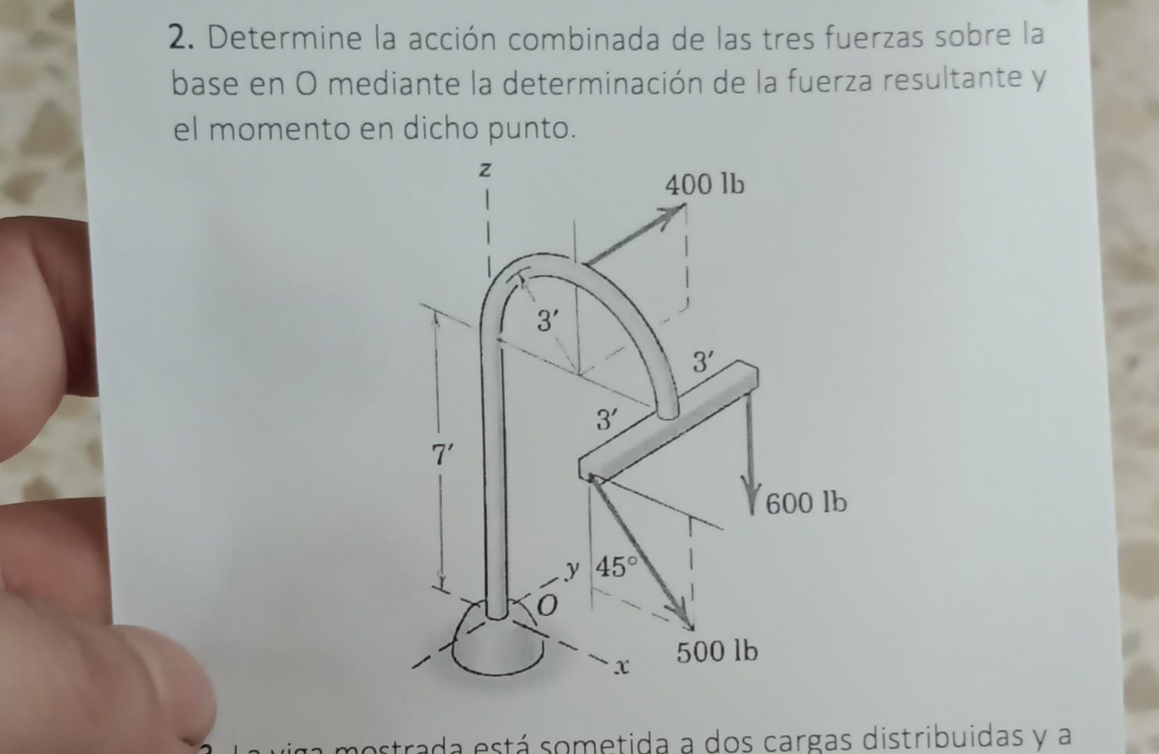 2. Determine la acción combinada de las tres fuerzas sobre la base en \( \mathrm{O} \) mediante la determinación de la fuerza