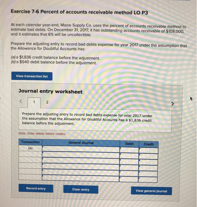 Solved Exercise 7-6 Percent of accounts receivable method LO | Chegg.com