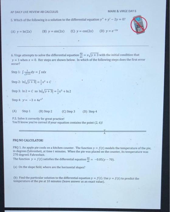 Solved AP DAILY LIVE REVIEW AB CALCULUS MARK & VIRGE DAY 6 1