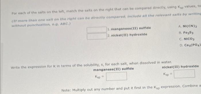 Solved For each of the salts on the left, match the salts on | Chegg.com