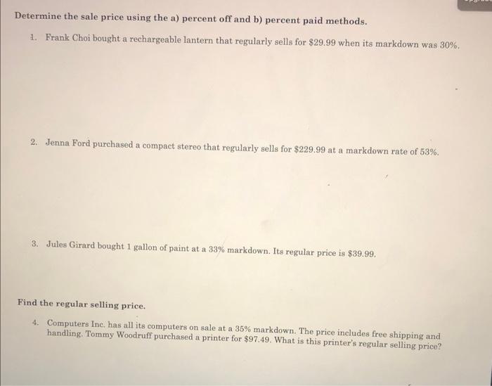 Solved Determine the sale price using the a) percent off and | Chegg.com