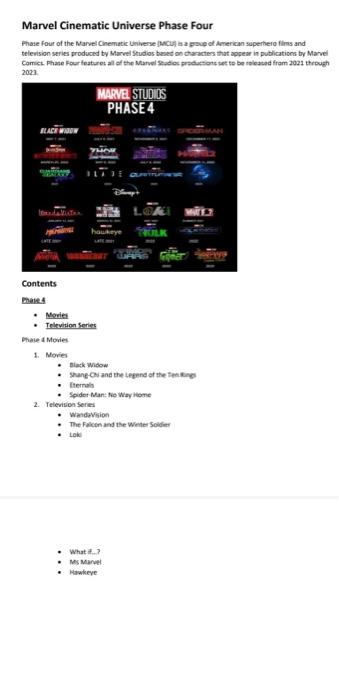 Solved Marvel Cinematic Universe Phase Four Phase Four of | Chegg.com