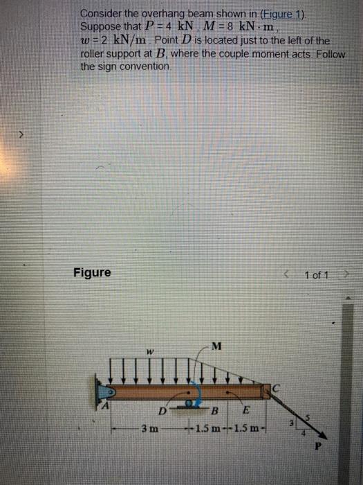 Consider the overhang beam shown in (Figure 1). Suppose that \( P=4 \mathrm{kN}, M=8 \mathrm{kN} \cdot \mathrm{m} \), \( w=2 