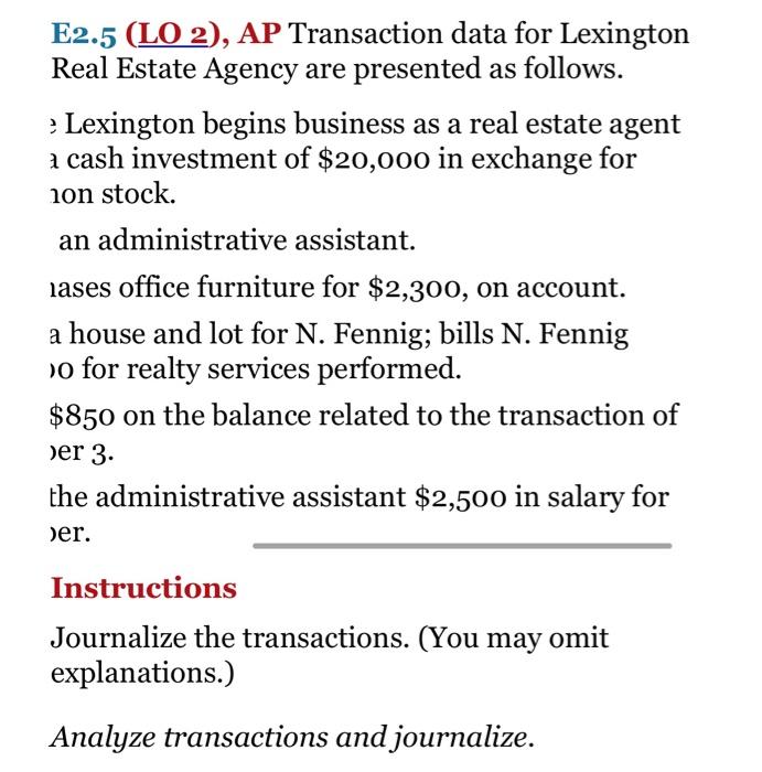 Solved 1 2 E2 5 LO 2 AP Transaction Data For Lexington Chegg