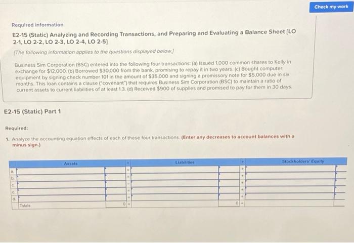 Solved Check my work Required information E2-15 (Static) | Chegg.com