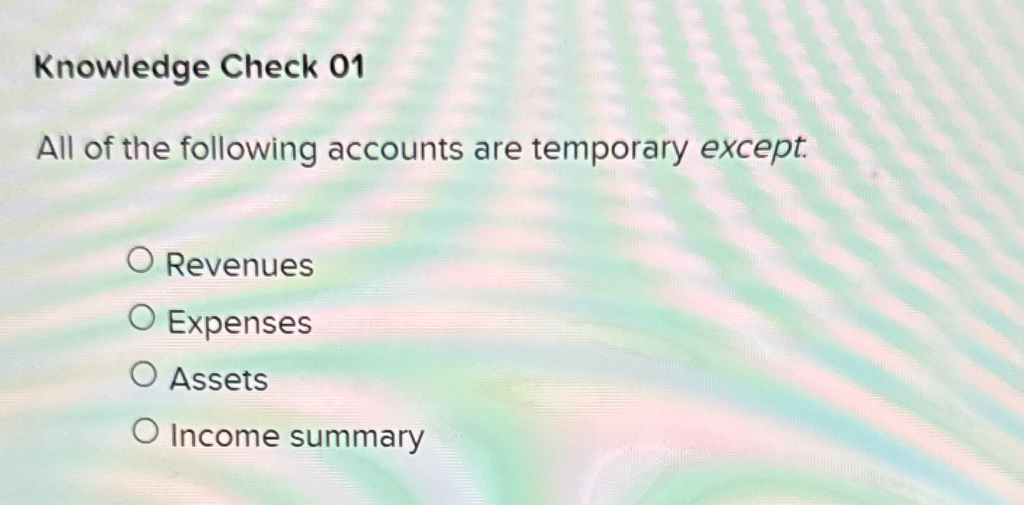 Solved Knowledge Check 01All of the following accounts are | Chegg.com