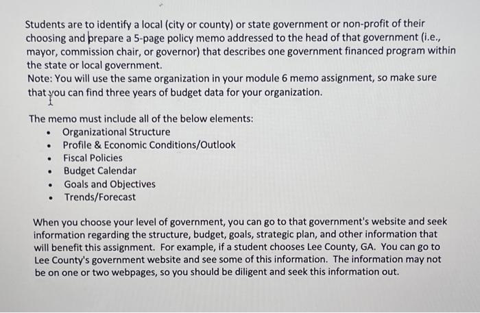 Solved Students are to identify a local (city or county) or | Chegg.com
