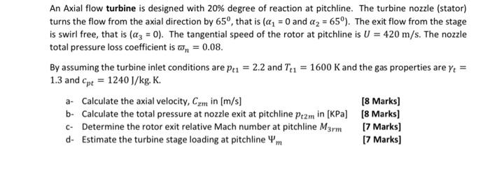 Solved An Axial flow turbine is designed with 20% degree of | Chegg.com