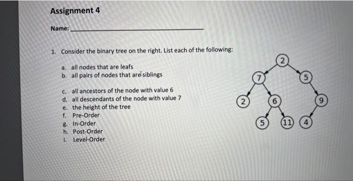 Solved 1. Consider the binary tree on the right. List each | Chegg.com