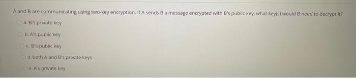 Solved A And B Are Communicating Using Two Key Encryption. | Chegg.com