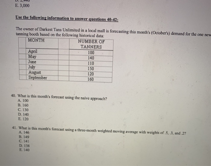 Solved E. 3,000 Use the following information to answer | Chegg.com