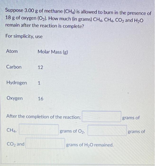 Solved Suppose 3.00 g of methane (CH4) is allowed to burn in