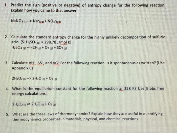Solved 1. Predict the sign (positive or negative) of entropy | Chegg.com