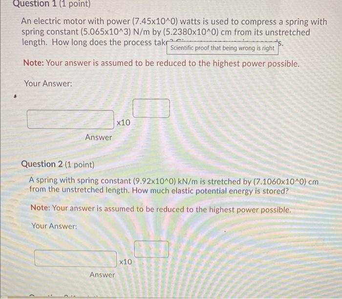 Solved Question 1 (1 point) An electric motor with power | Chegg.com