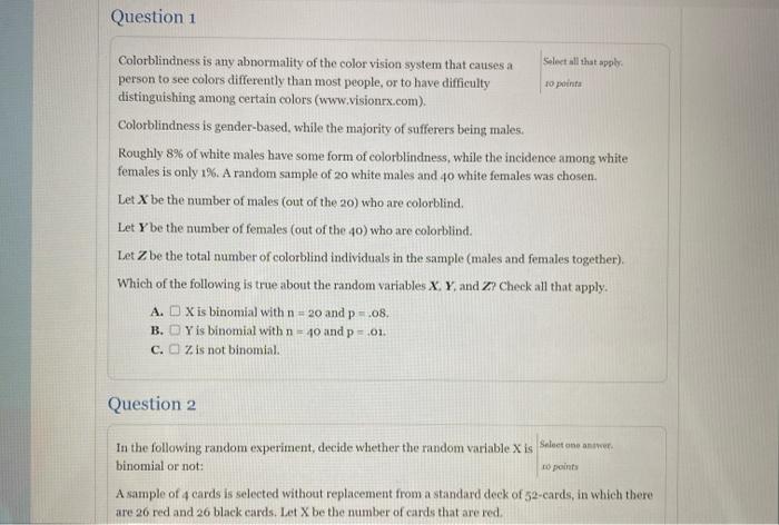 Solved Question 1 Colorblindness is any abnormality of the | Chegg.com