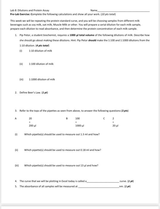 Solved Lab 8: Dilutions And Protein Assay Name Pre-lab 