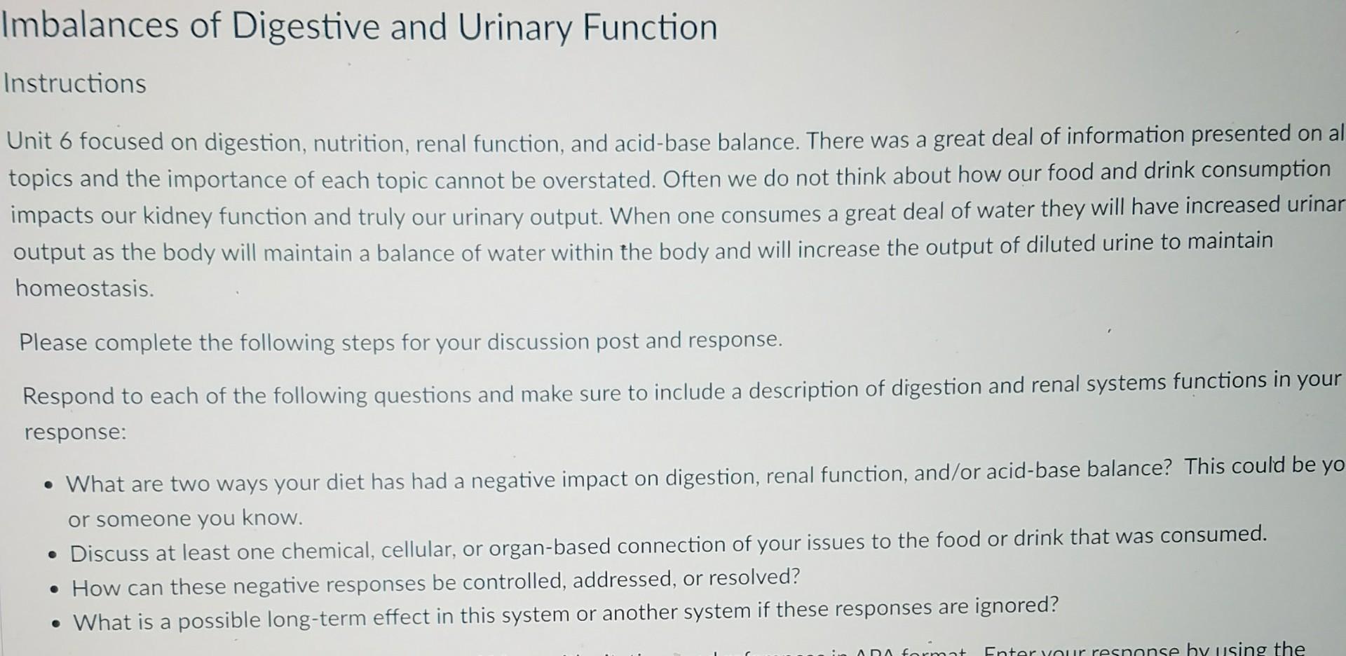 Solved mbalances of Digestive and Urinary Function | Chegg.com