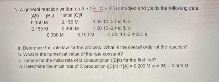 Solved 1. A general reaction written as A + 2B C + 2D is | Chegg.com