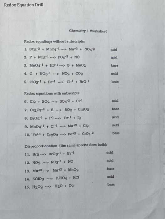 Solved: Redox Equation Drill Chemistry 1 Worksheet Acld Re... | Chegg.com