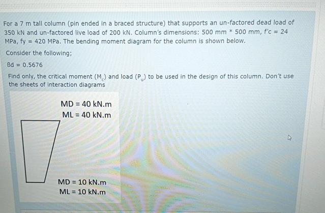 Solved For a 7m ﻿tall column (pin ended in a braced | Chegg.com