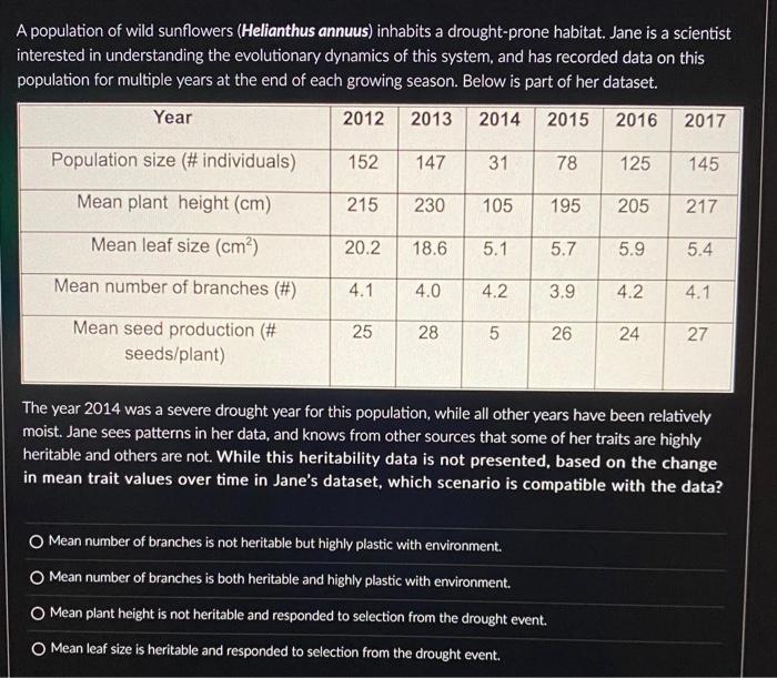 Solved A population of wild sunflowers (Helianthus annuus)