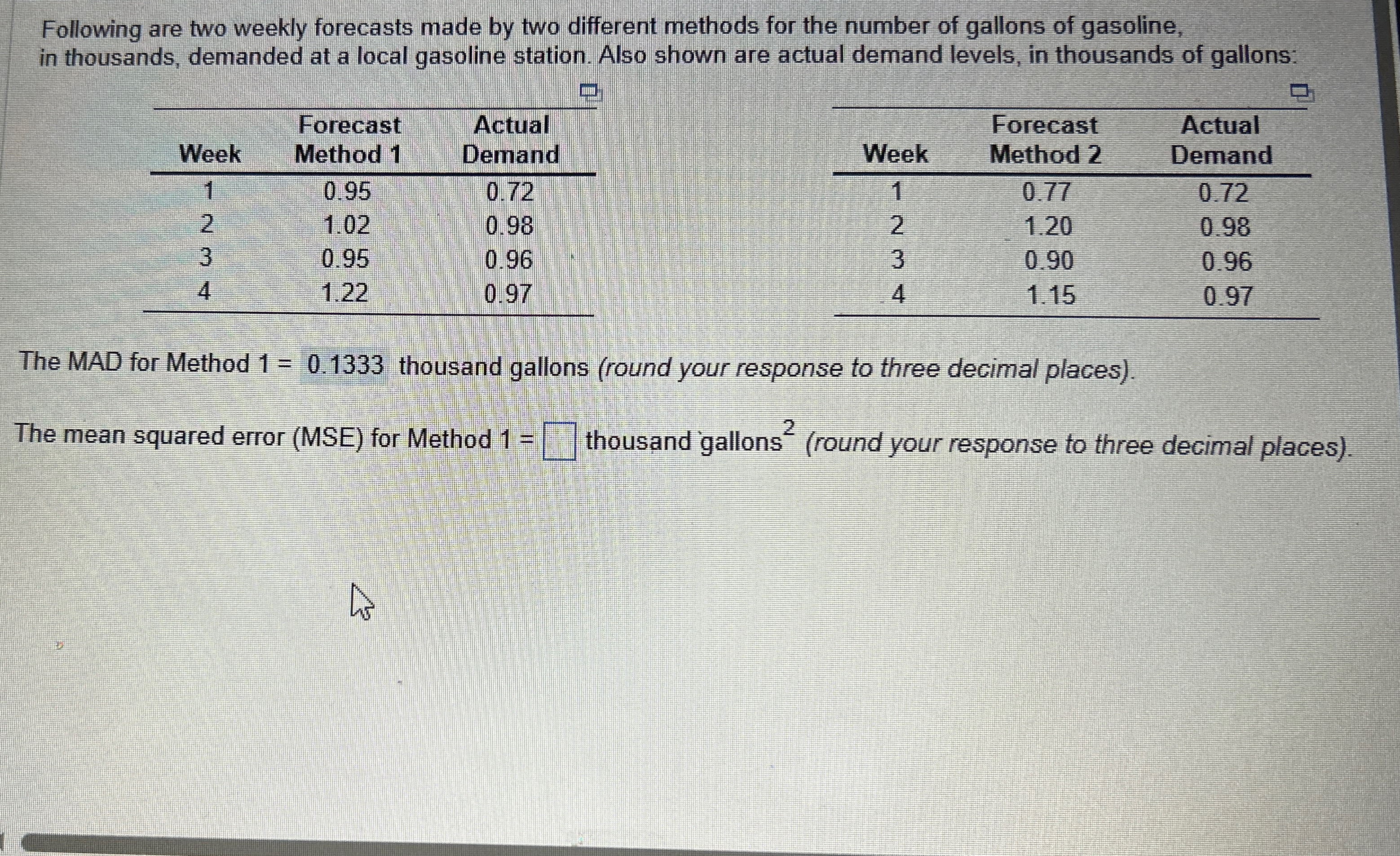Solved The mean squared error for method 1 = ? | Chegg.com