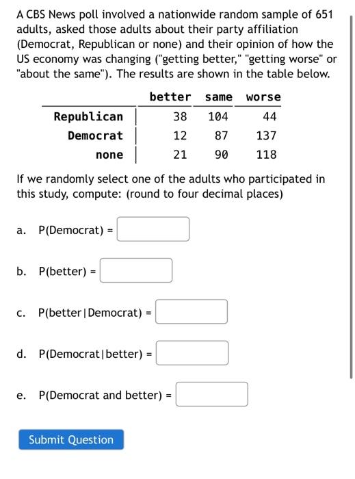 Solved A CBS News Poll Involved A Nationwide Random Sample Chegg Com