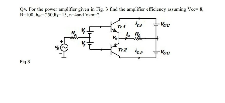 Solved Q4. For the power amplifier given in Fig. 3 find the | Chegg.com