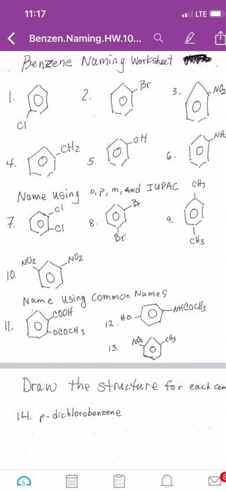 Solved 11:17 LTE Benzen.Naming.HW.10... Q Benzene Naming | Chegg.com