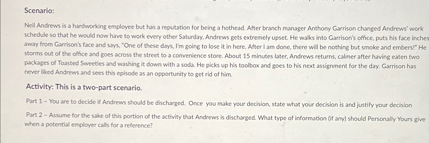 Solved Scenario:Neil Andrews Is A Hardworking Employee But | Chegg.com