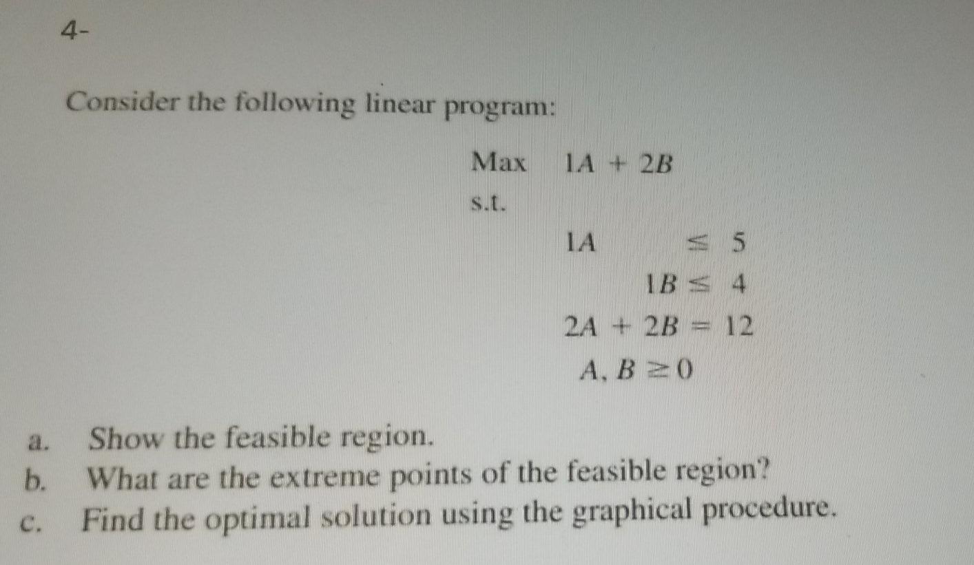 Solved 4- Consider the following linear program: Max 1A + 2B | Chegg.com