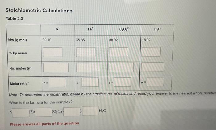 Solved Stoichiometric Calculations Table 2.3 Note: To | Chegg.com